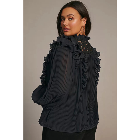 Anthropologie Pleated Ruffled Blouse Size S - Black Lace & Ruffles LIKE NEW - Picture 2 of 7